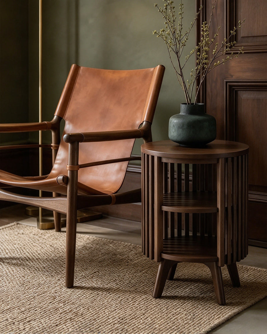 Mid-Century Round Side End Table with Storage