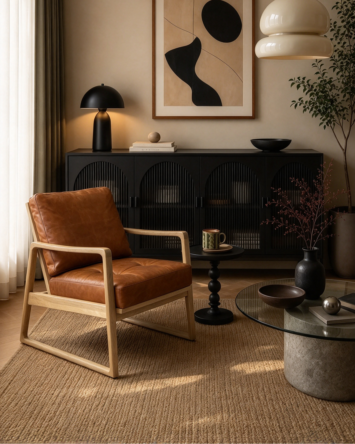 Cognac Brown Genuine Leather Accent Chair with Solid Beechwood Frame - 27.9W x 34D x 34.4H