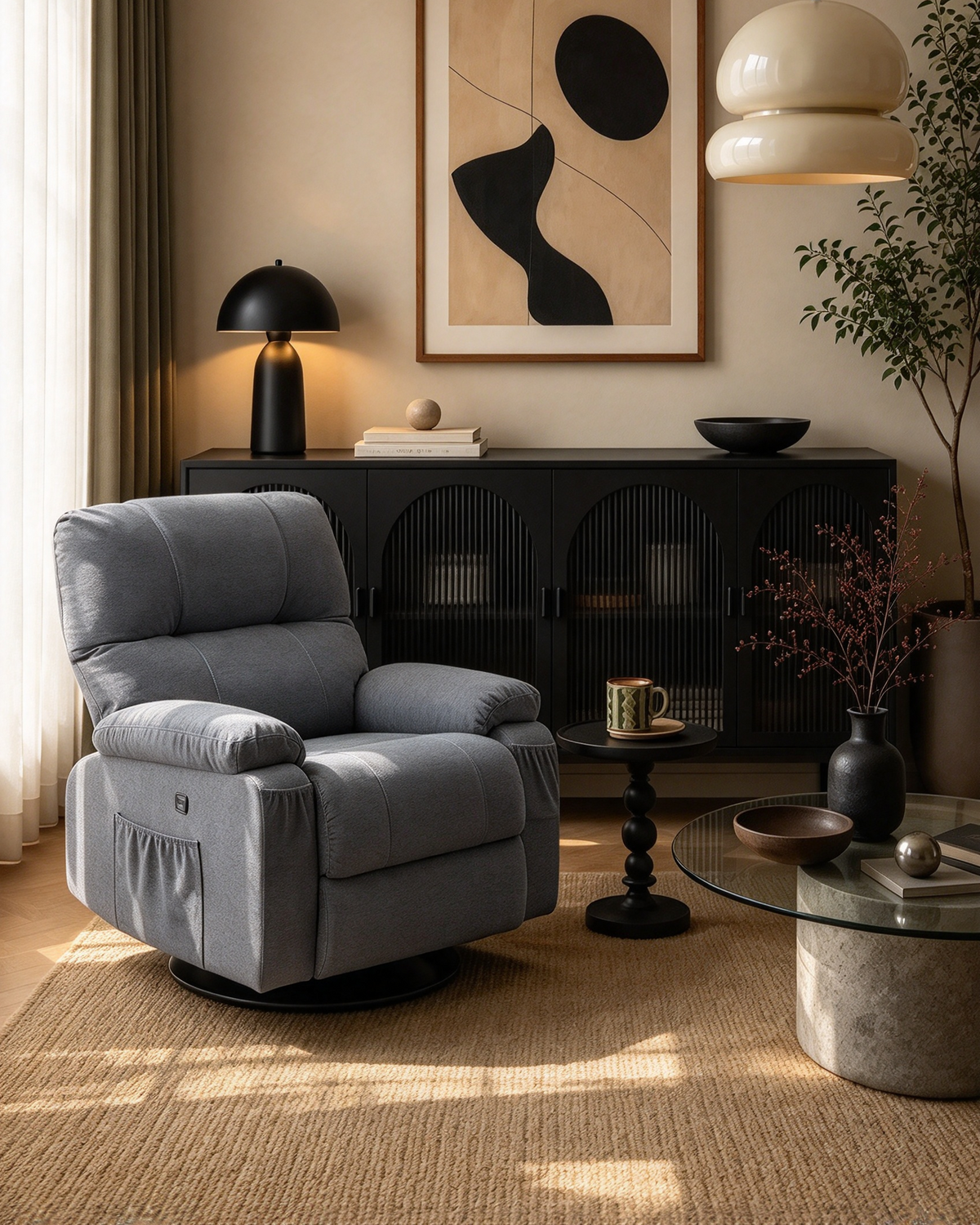 360 Linen Swivel Rocker Recliner with Side Pockets